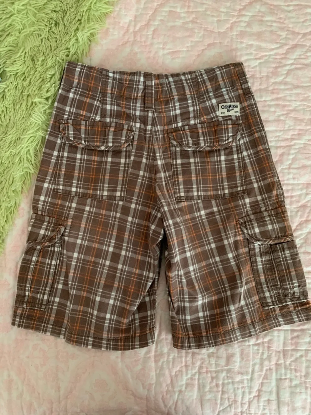 OshKosh B'Gosh Shorts Boys 7X Brown Plaid Cargo Flat Front Pockets Adjustable